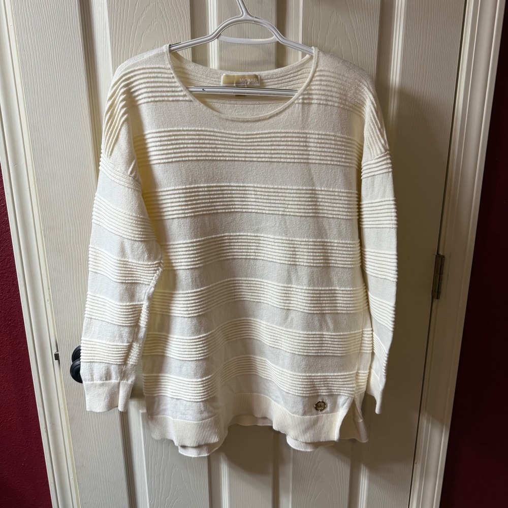 MICHAEL‎ KORS Cream Textured Stripe Crew Neck Sweater Top L